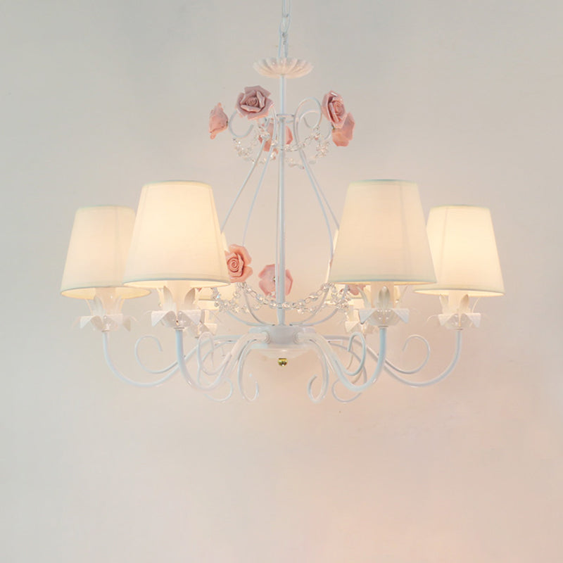 Countryside Barrel Chandelier Lighting Fixture 5 Heads Fabric Pendant Ceiling Light in Pink/White