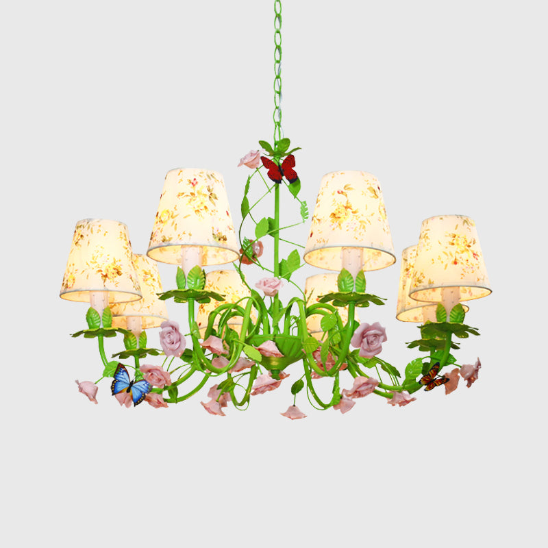 Tela Green Hanging Chandelier cónica 8 luces Costeo de iluminación tradicional hacia abajo para dormitorio