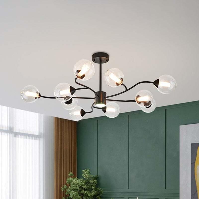 10 Heads Living Room Chandelier Lamp Modern Black Pendant Light Fixture with Orb Clear Glass Shade