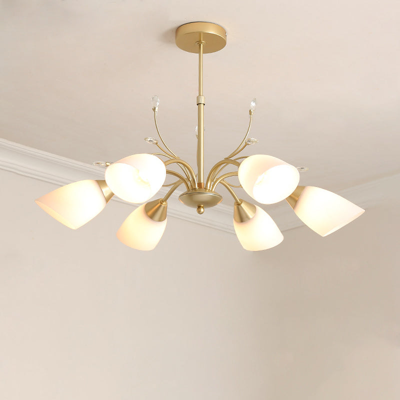 Modernism 3/6 Bulbs Hanging Chandelier Gold Flared Ceiling Pendant Light with White Glass Shade