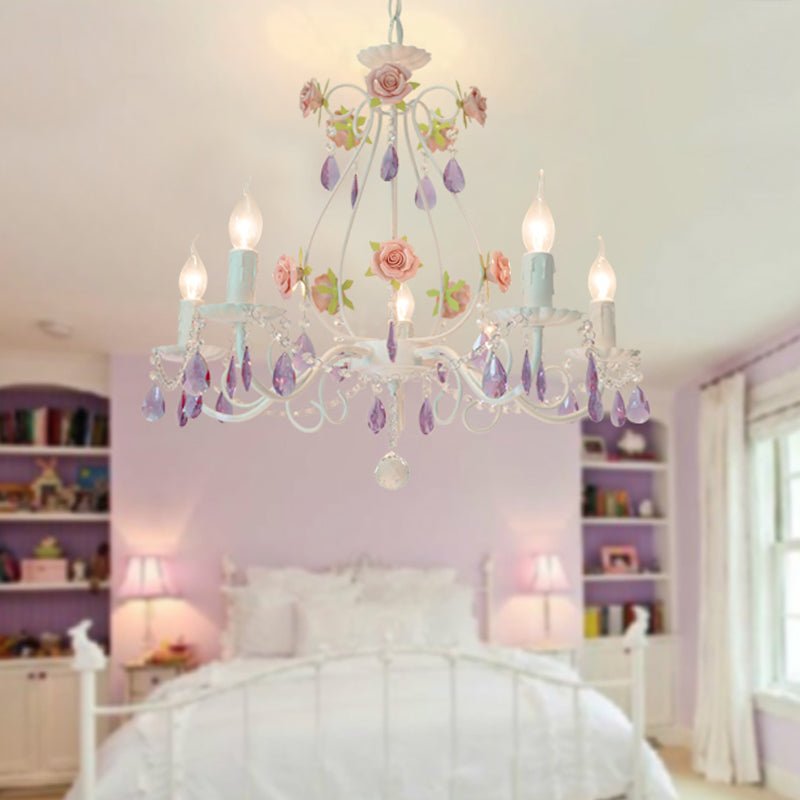 Countryside Candlestick Hanging Pendant 3/5/8 Heads Crystal Chandelier Lighting Fixture in Blue/Purple
