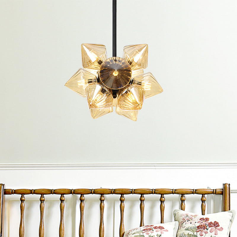 Diamond Chandelier Lamp Contemporary Amber Glass 9/12 Bulbs Living Room Hanging Pentant Light
