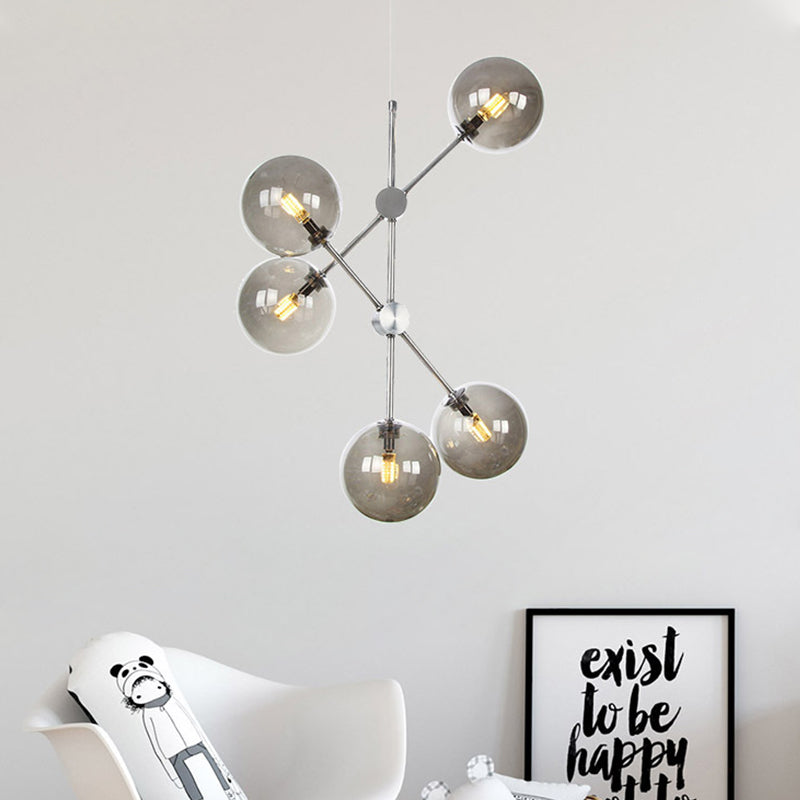 Smoke Glass Ball Pendant Chandelier Contemporary 5 Bulbs Hanging Ceiling Light for Bedroom