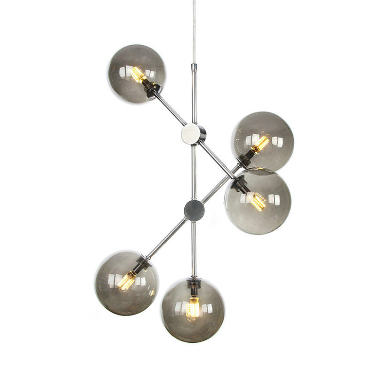 Smoke Glass Ball Pendant Chandelier Contemporary 5 Bulbs Hanging Ceiling Light for Bedroom