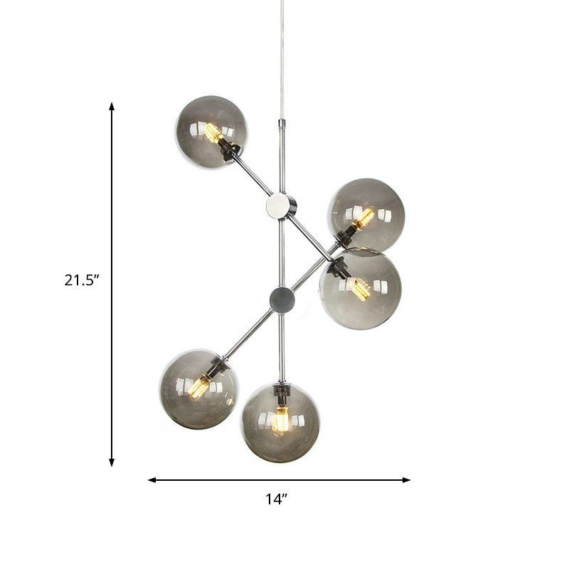 Smoke Glass Ball Pendant Chandelier Contemporary 5 Bulbs Hanging Ceiling Light for Bedroom