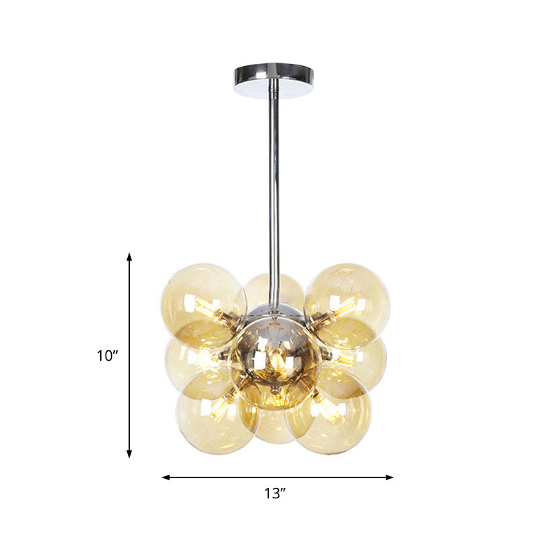 Modern 9 Heads Chandelier Light Chrome Orb Pendant Lighting Fixture with Amber Glass Shade