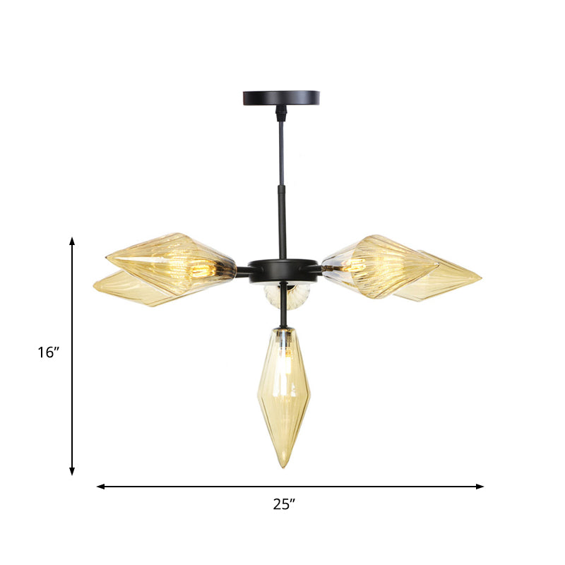 Black Tapered Chandelier Lamp Modernist 6 Heads Amber Glass Ceiling Pendant Light