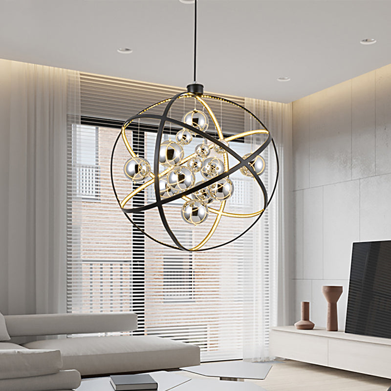 Round Pendant Chandelier Modernist Smoke Glass LED Ceiling Hanging Light in Black