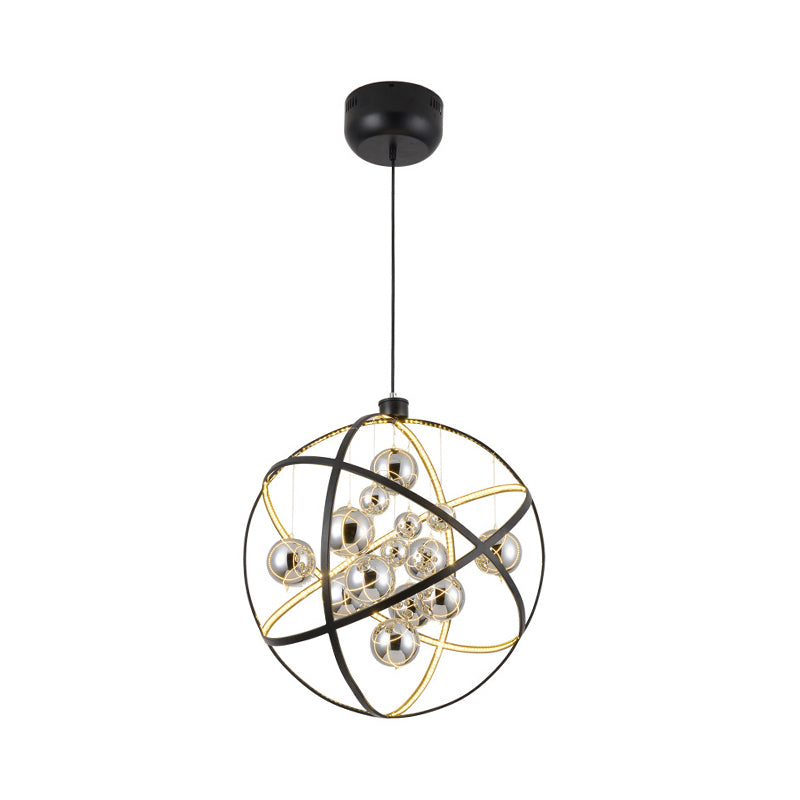 Round Pendant Chandelier Modernist Smoke Glass LED Ceiling Hanging Light in Black