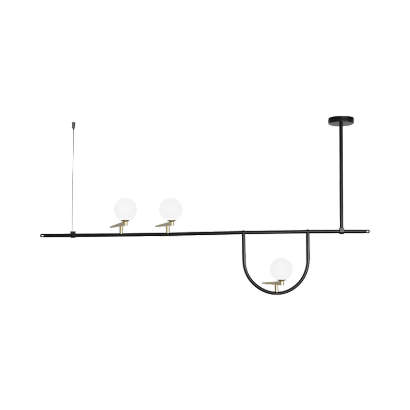 3 Heads Linear Island Lighting Minimalism Metal Hanging Pendant Light in Black with Opal Glass Shade