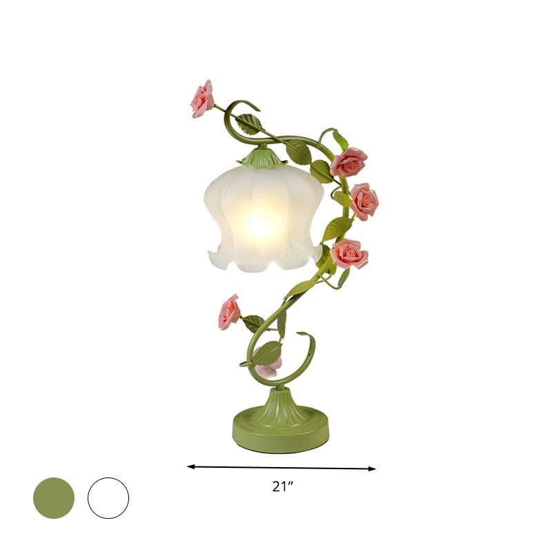1 Bulb Floral Table Lamp Traditional White/Green Frosted White Glass Night Light for Living Room
