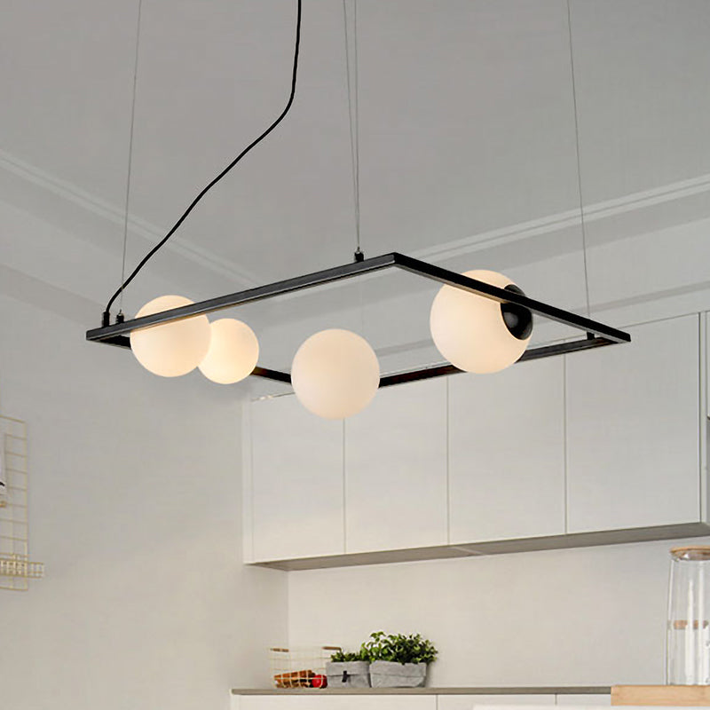 Black Frame Chandelier Lamp Modern 4 Heads Metal Pendant Light Fixture with Opal Glass Shade