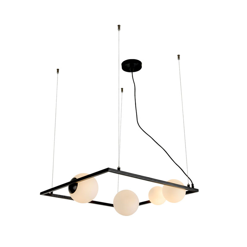 Black Frame Chandelier Lamp Modern 4 Heads Metal Pendant Light Fixture with Opal Glass Shade