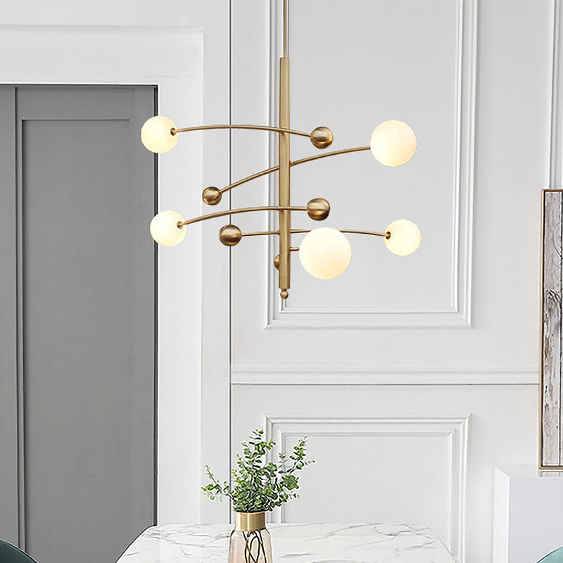 5 Bulbs Bedroom Chandelier Light Modern Gold Suspended Lighting Fixture with Ball Milk Glass Shade