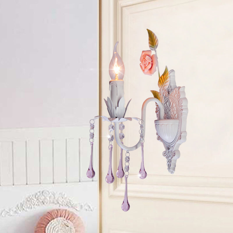 1 Bulb Wall Sconce Traditional Candlestick Faceted Crystal Wall Light Fixture in White/Green for Living Room