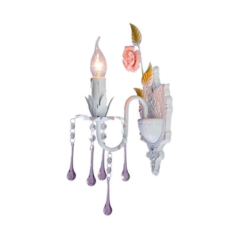 1 Bulb Wall Sconce Traditional Candlestick Faceted Crystal Wall Light Fixture in White/Green for Living Room