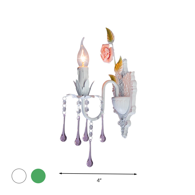 1 Bulb Wall Sconce Traditional Candlestick Faceted Crystal Wall Light Fixture in White/Green for Living Room