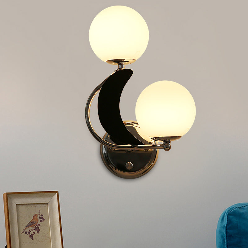 2 Heads Armed Sconce Contemporary Metal Wall Lighting Fixture in Chrome with Milk Glass Shade