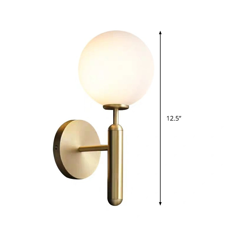 Milky Glass Ball Sconce Contemporary 1 Head Brass Wall Mount Light Fixture with Metal Pencil Arm