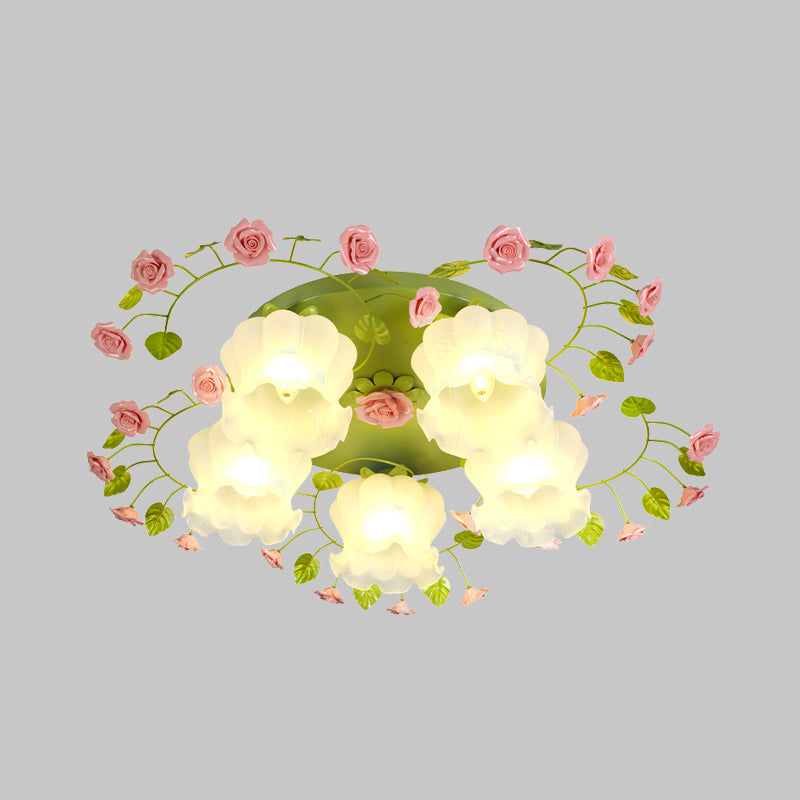 Plafonnier en forme de rose en verre crème, luminaire traditionnel à 5 têtes pour chambre à coucher, luminaire encastré en vert