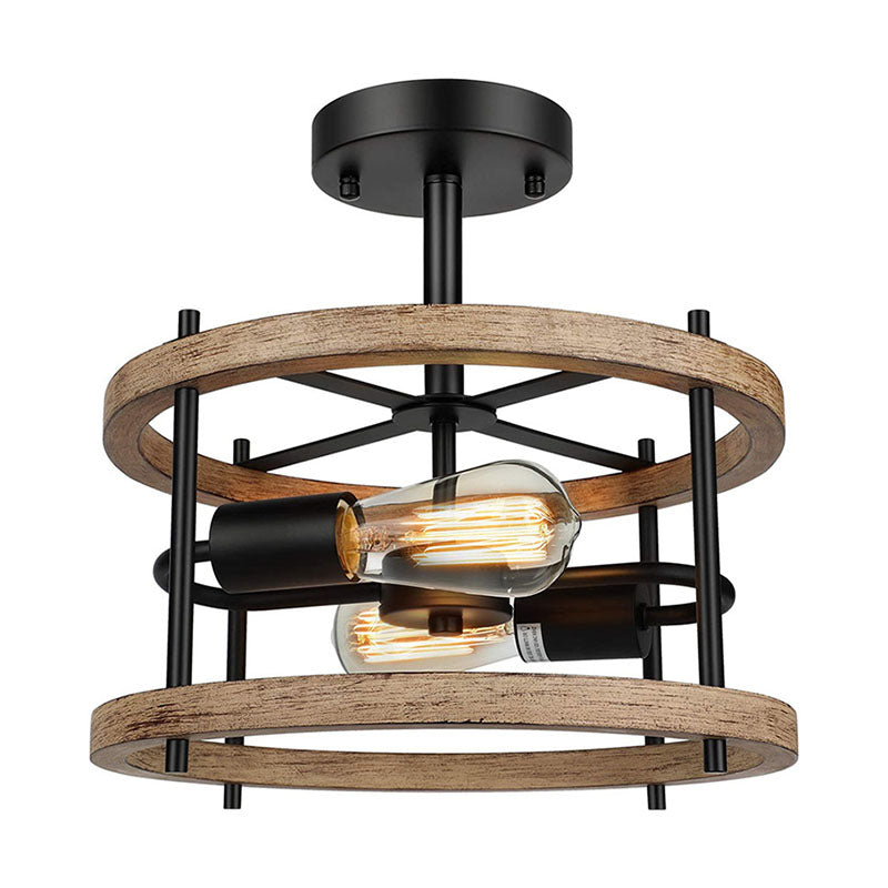 Wooden Black Ceiling Light in Industrial Vintage Style Wrought Iron Geometric Semi Flush Mount