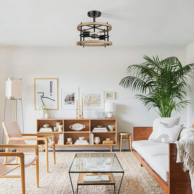 Luz de techo negro de madera en el estilo industrial de hierro forjado Geométrico Semi Flush Monte