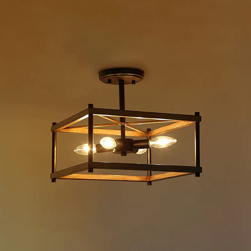 Luz de techo negro de madera en el estilo industrial de hierro forjado Geométrico Semi Flush Monte