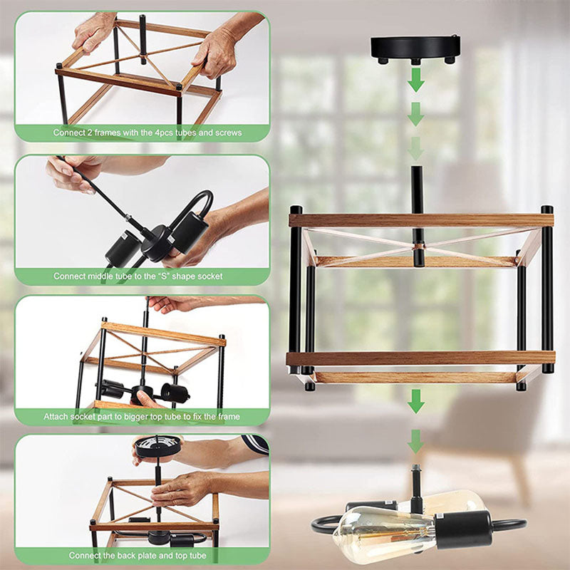 Wooden Black Ceiling Light in Industrial Vintage Style Wrought Iron Geometric Semi Flush Mount