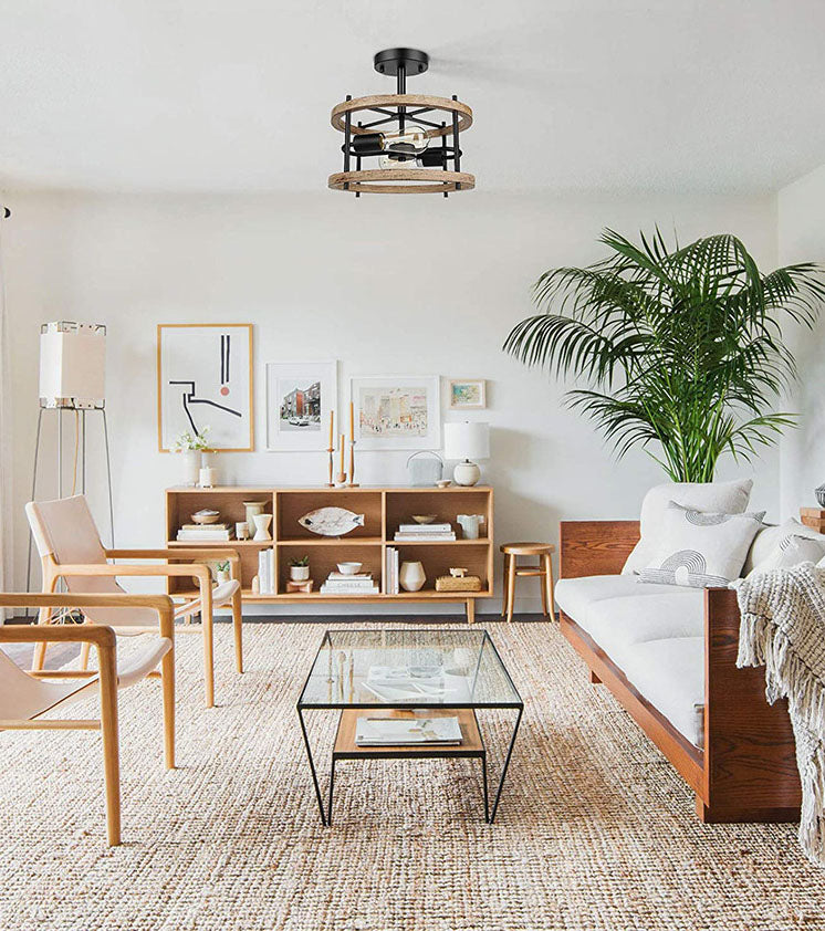 Luz de techo negro de madera en el estilo industrial de hierro forjado Geométrico Semi Flush Monte