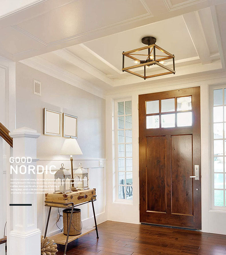 Luz de techo negro de madera en el estilo industrial de hierro forjado Geométrico Semi Flush Monte