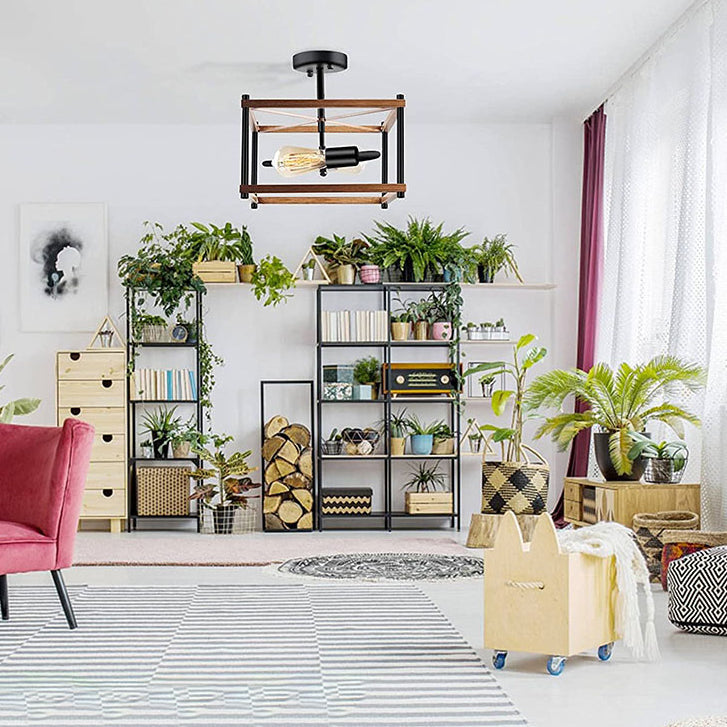 Luz de techo negro de madera en el estilo industrial de hierro forjado Geométrico Semi Flush Monte