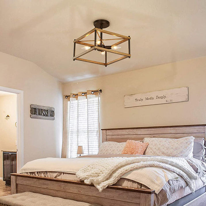 Luz de techo negro de madera en el estilo industrial de hierro forjado Geométrico Semi Flush Monte