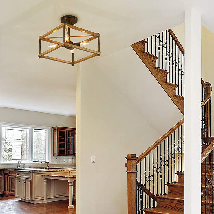 Luz de techo negro de madera en el estilo industrial de hierro forjado Geométrico Semi Flush Monte