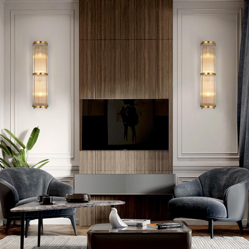 Luces de apliques cilíndricos cristalínicos transparentes Estilo moderno Lámpara de montaje de pared de 2 luces en oro