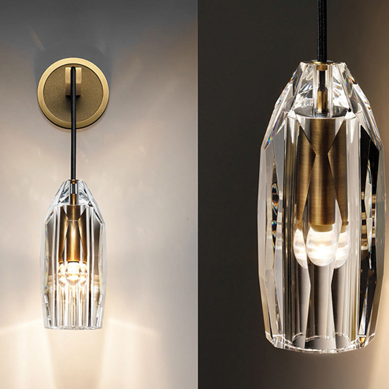 Modern Style Geometric Sconce Lights Transparent Crystal 1-Light Wall Mounted Lamp in Brass