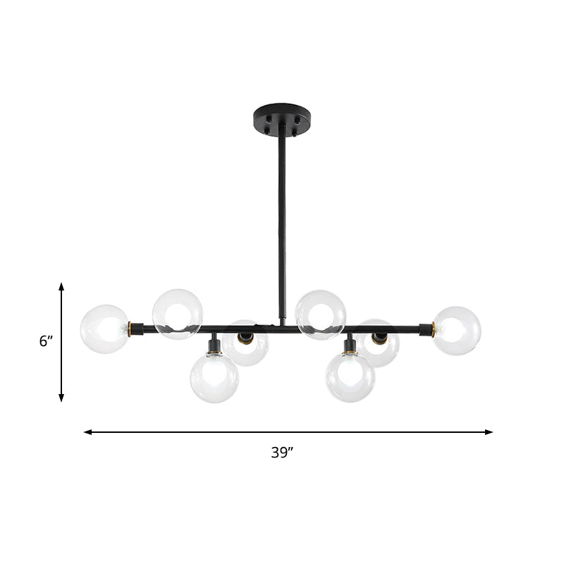 8 Heads Kitchen Island Lamp Contemporary Black Hanging Light Kit with Round Clear Glass Shade