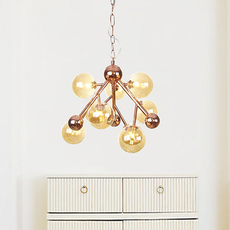 Spherical Living Room Chandelier Light Amber Glass 9 Heads Modern Ceiling Suspension Lamp