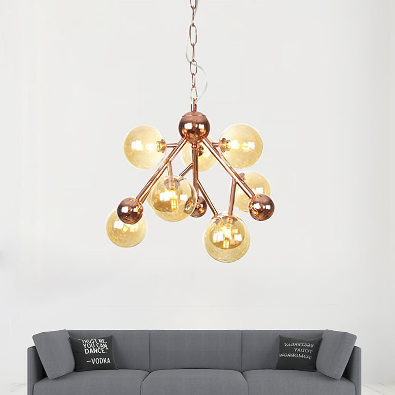 Spherical Living Room Chandelier Light Amber Glass 9 Heads Modern Ceiling Suspension Lamp