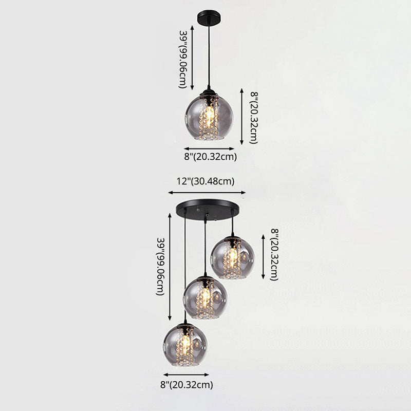Dîner sphérique Lampe suspendue Verre fumée 1 lumière pendante moderne avec décor en cristal