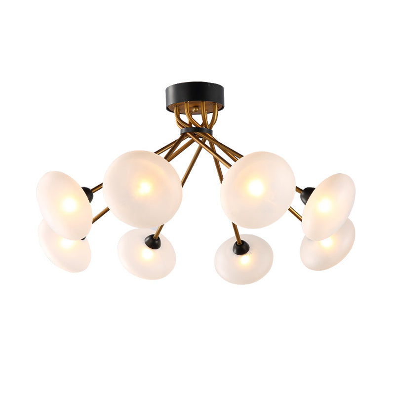 Frosted Glass Circle Semi Flush Light Modern 8/10 Bulbs Black and Gold Ceiling Mounted Fixture
