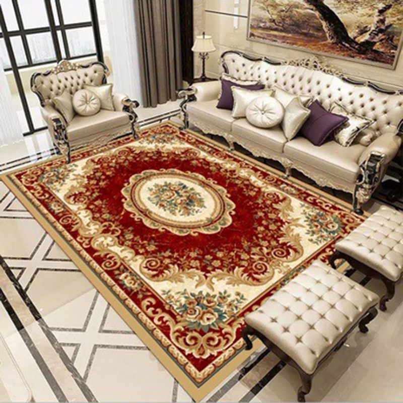 Fancy Red Tribal Pattern Area Rug Polyester Traditional Area Carpet Easy Care Rug for Living Room