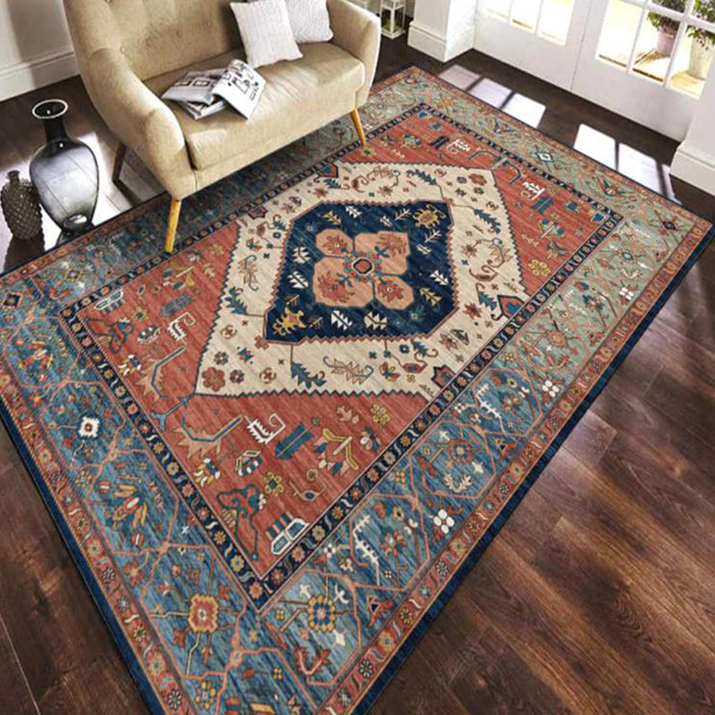 Red Traditional Area Carpet Polyester Tribal Pattern Area Rug Stain Resistant Rug for Home Decor