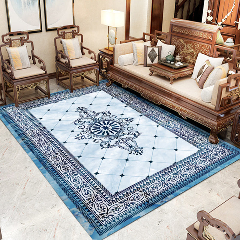 Modern Indoor Room Carpet Blue Medallion Indoor Rug Polyester Non-Split Backing Area Rug