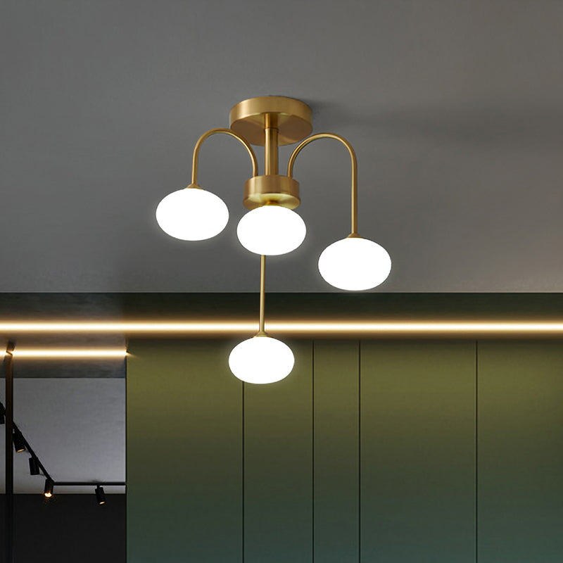 Milchglas Oval Semi Flush Modernist 4/6 Köpfe Gold Deckenmontageleuchte mit Metallkrümmungsarm