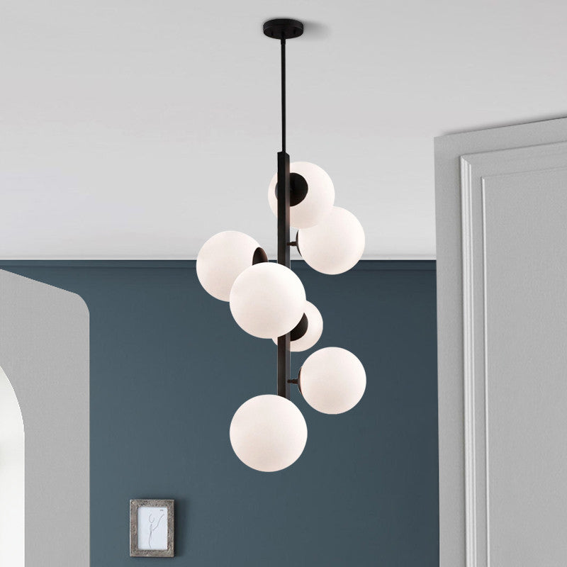 Black Round Hanging Chandelier Contemporary 7 Bulbs Opal Glass Ceiling Suspension Lamp