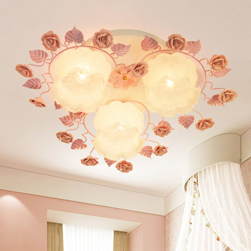 Floral White Glass Ceiling Mounted Fixture Traditional 3/5 Bulbs Living Room Flush Mount Lamp in Pink/Green