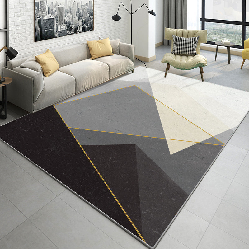 Black Tone Geometric Print Rug Polyester Carpet Modern Non-Slip Backing Indoor Rug for Living Room