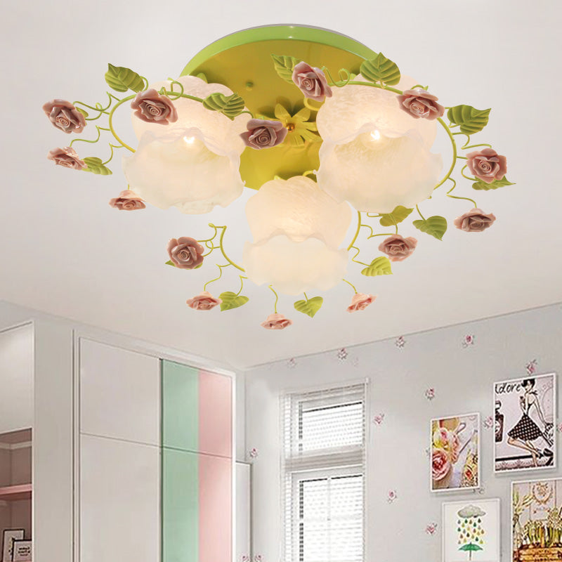 Floral White Glass Ceiling Mounted Fixture Traditional 3/5 Bulbs Living Room Flush Mount Lamp in Pink/Green