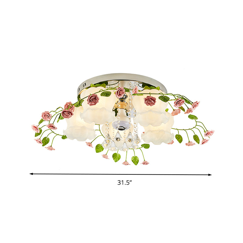 Luz de techo de la Floración Pastoral 5 Bombillas Facetadas de montaje de cristal con cristal blanco para sala de estar