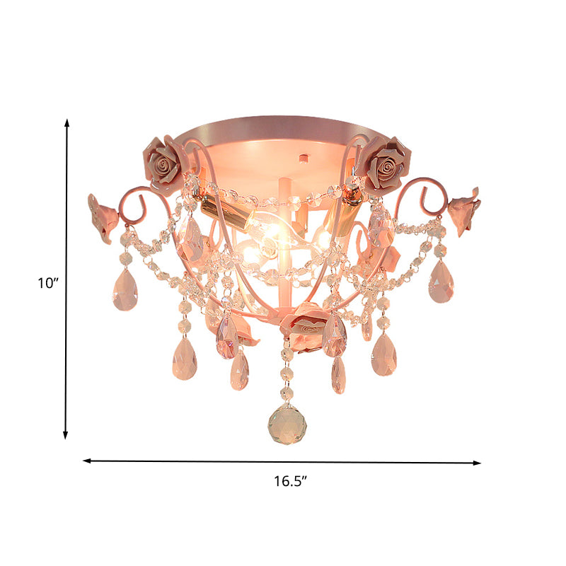 3-Köpfe Crystal Flush Mount Pastoral Pink Expose Birne Schlafzimmer in der Nähe von Deckenbeleuchtung